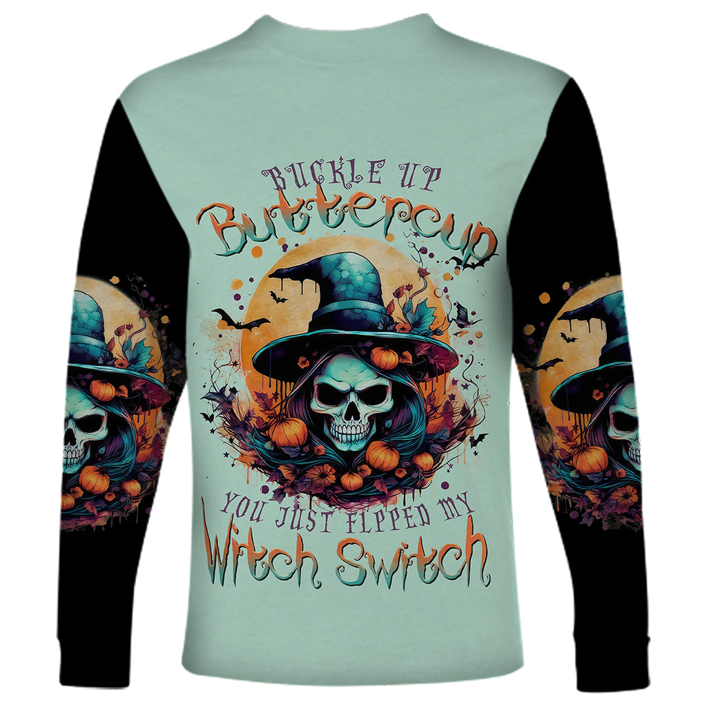 Witch Skull Long Sleeve Shirt Buckle Up Buttercup You Just FLipped My Witch Switch - Wonder Print Shop