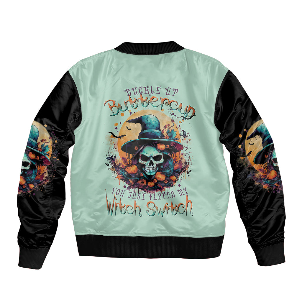 Witch Skull Sleeve Zip Bomber Jacket Buckle Up Buttercup You Just FLipped My Witch Switch - Wonder Print Shop
