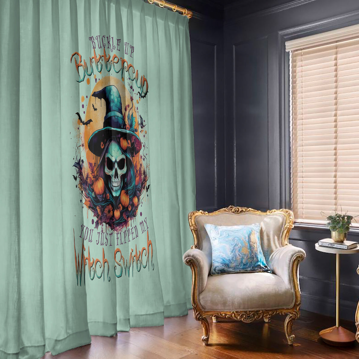 Witch Skull Window Curtain Buckle Up Buttercup You Just FLipped My Witch Switch - Wonder Print Shop