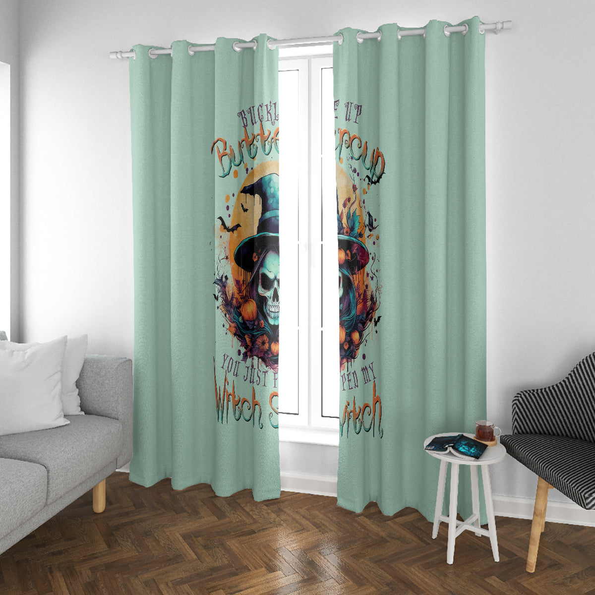 Witch Skull Window Curtain Buckle Up Buttercup You Just FLipped My Witch Switch - Wonder Print Shop