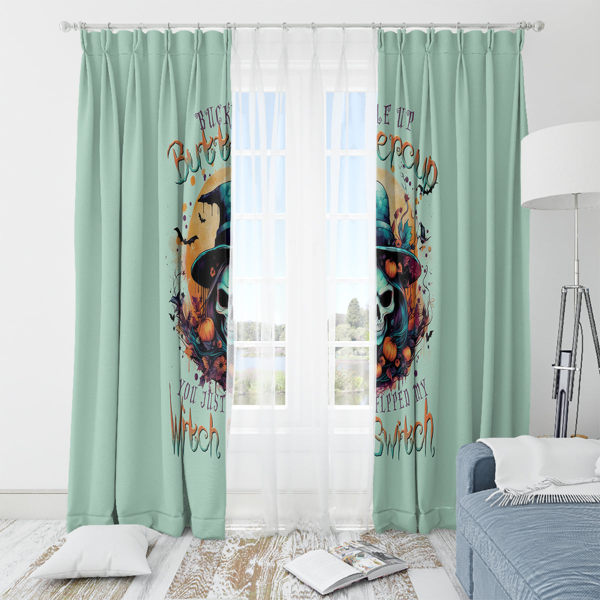Witch Skull Window Curtain Buckle Up Buttercup You Just FLipped My Witch Switch - Wonder Print Shop