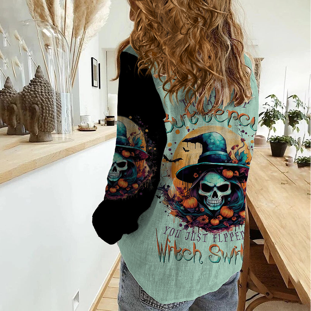 Witch Skull Women Casual Shirt Buckle Up Buttercup You Just FLipped My Witch Switch - Wonder Print Shop