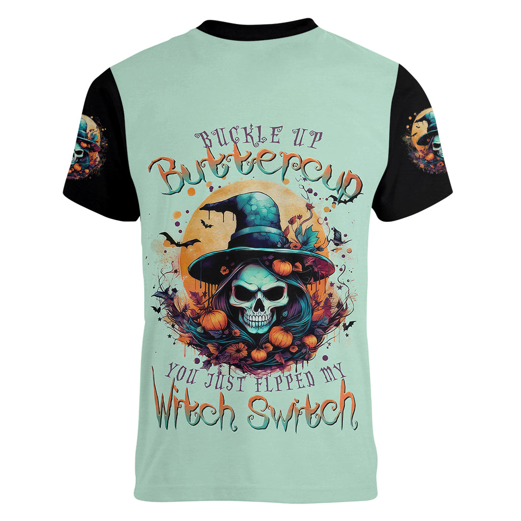 Witch Skull Women V Neck T Shirt Buckle Up Buttercup You Just FLipped My Witch Switch - Wonder Print Shop