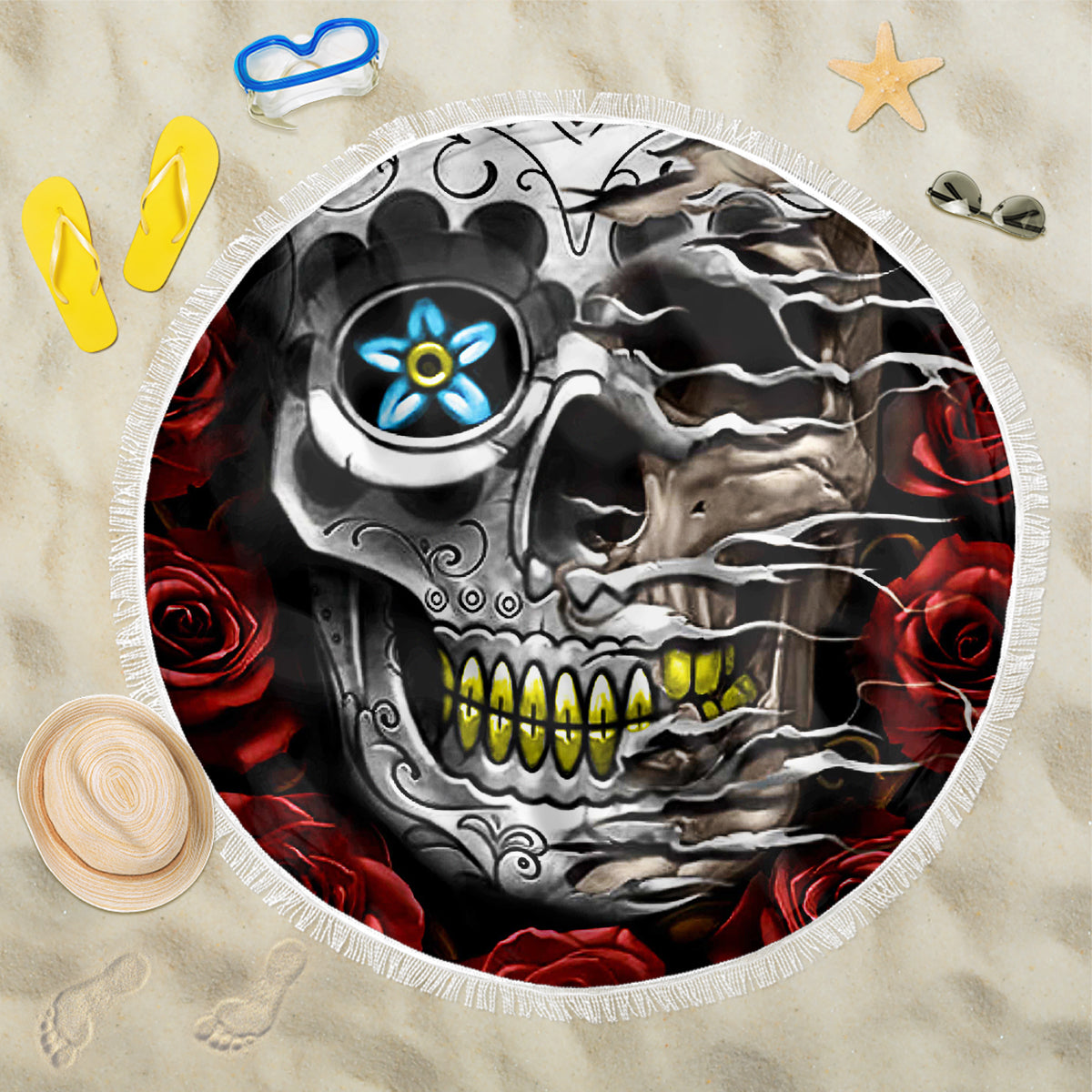 Dia De Muertos Beach Blanket Day Of The Death Rose Skull - Wonder Print Shop
