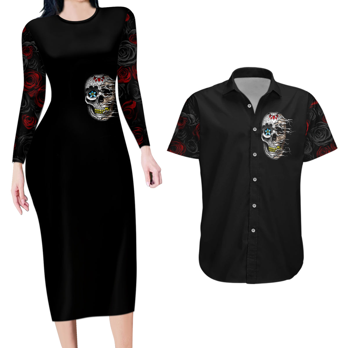Dia De Muertos Couples Matching Long Sleeve Bodycon Dress and Hawaiian Shirt Day Of The Death Rose Skull - Wonder Print Shop