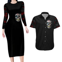 Dia De Muertos Couples Matching Long Sleeve Bodycon Dress and Hawaiian Shirt Day Of The Death Rose Skull - Wonder Print Shop