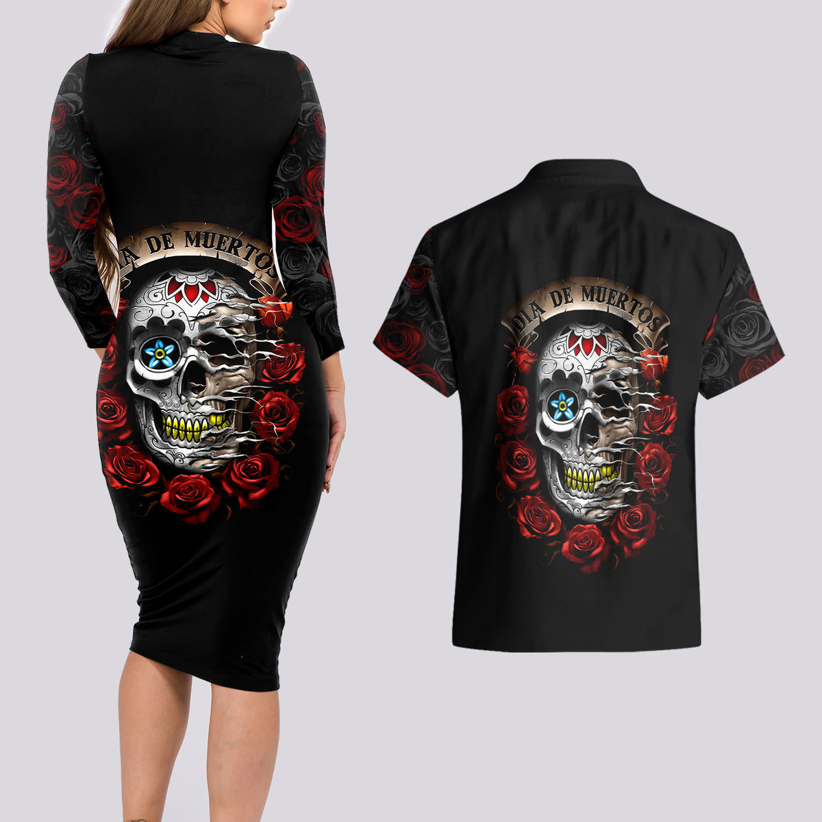 Dia De Muertos Couples Matching Long Sleeve Bodycon Dress and Hawaiian Shirt Day Of The Death Rose Skull - Wonder Print Shop