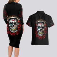 Dia De Muertos Couples Matching Long Sleeve Bodycon Dress and Hawaiian Shirt Day Of The Death Rose Skull - Wonder Print Shop
