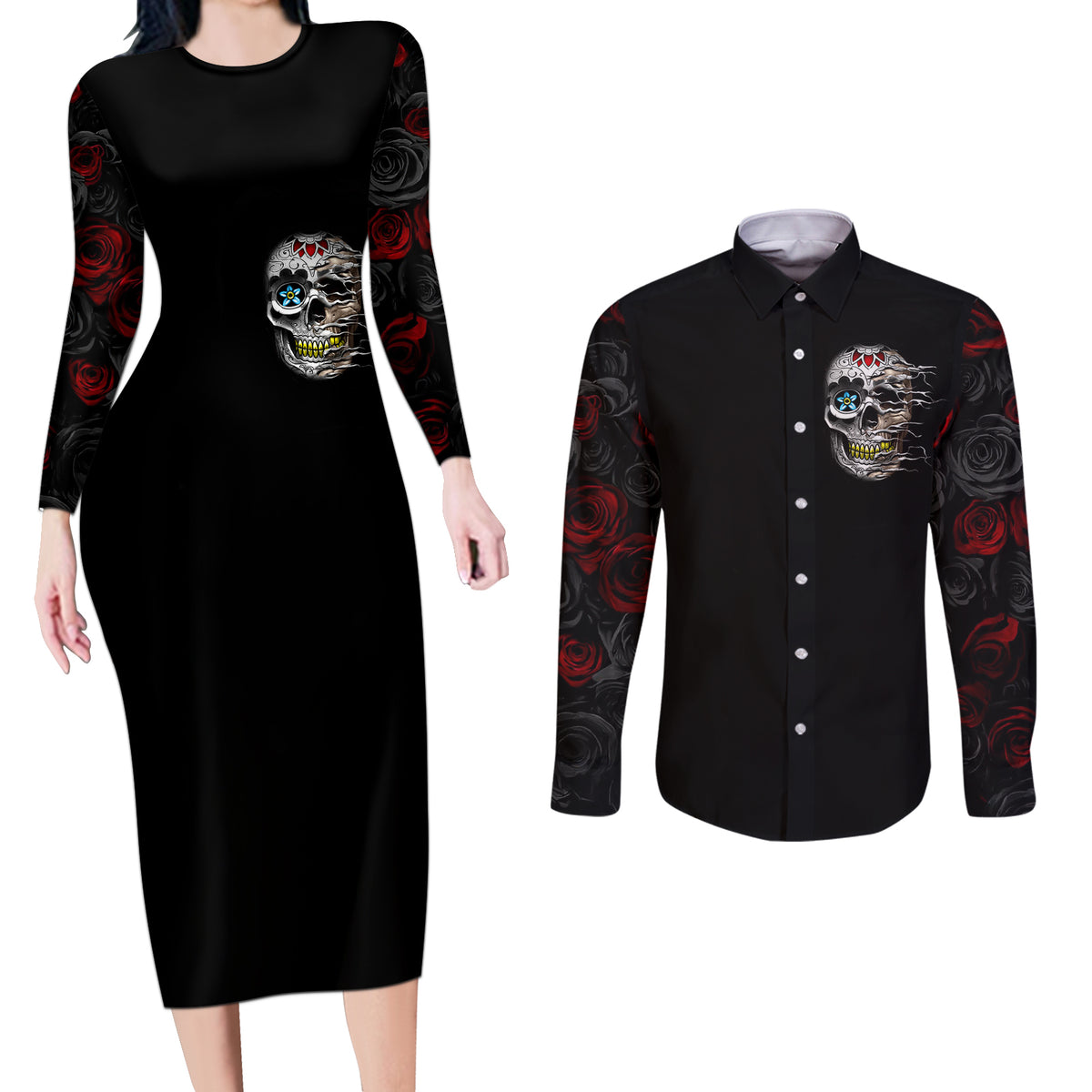 Dia De Muertos Couples Matching Long Sleeve Bodycon Dress and Long Sleeve Button Shirts Day Of The Death Rose Skull - Wonder Print Shop