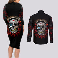 Dia De Muertos Couples Matching Long Sleeve Bodycon Dress and Long Sleeve Button Shirts Day Of The Death Rose Skull - Wonder Print Shop