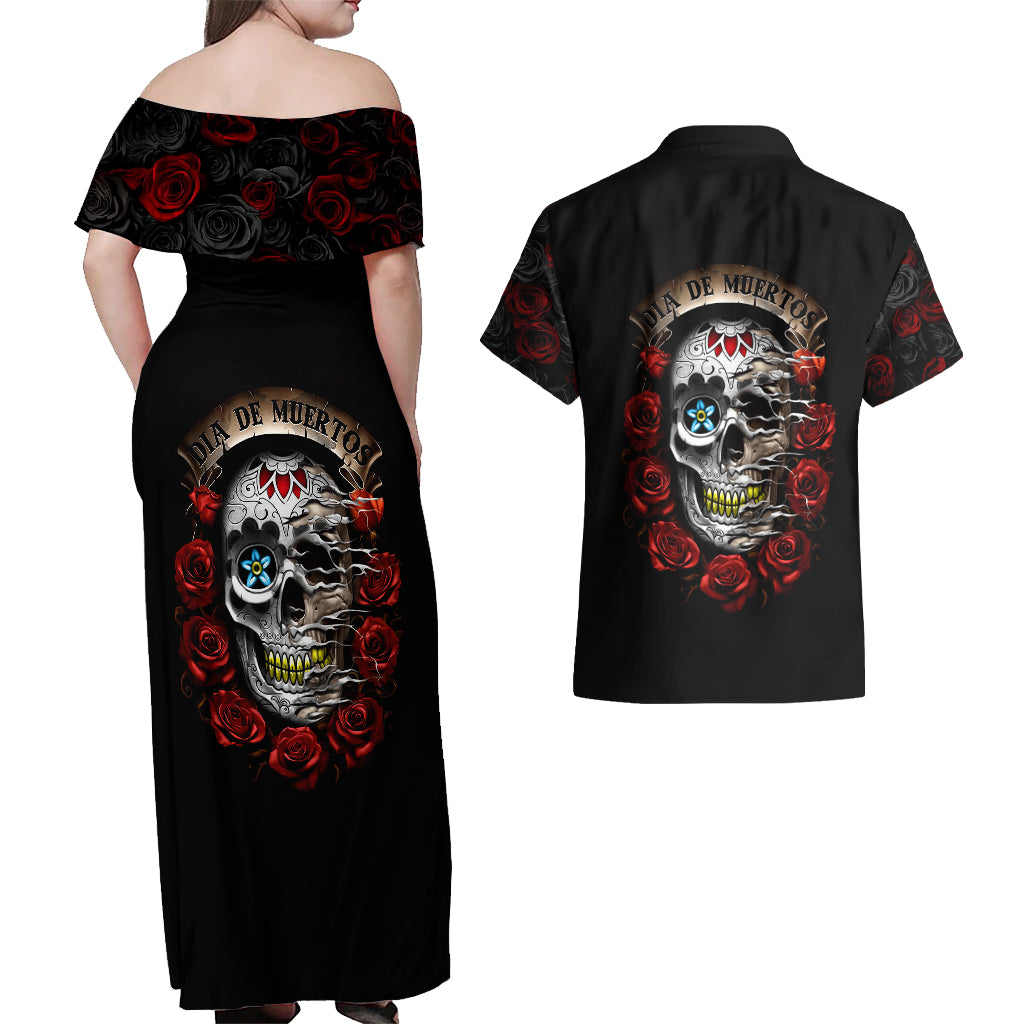 Dia De Muertos Couples Matching Off Shoulder Maxi Dress and Hawaiian Shirt Day Of The Death Rose Skull - Wonder Print Shop