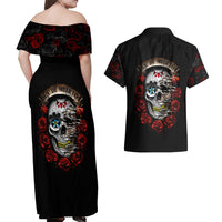Dia De Muertos Couples Matching Off Shoulder Maxi Dress and Hawaiian Shirt Day Of The Death Rose Skull - Wonder Print Shop
