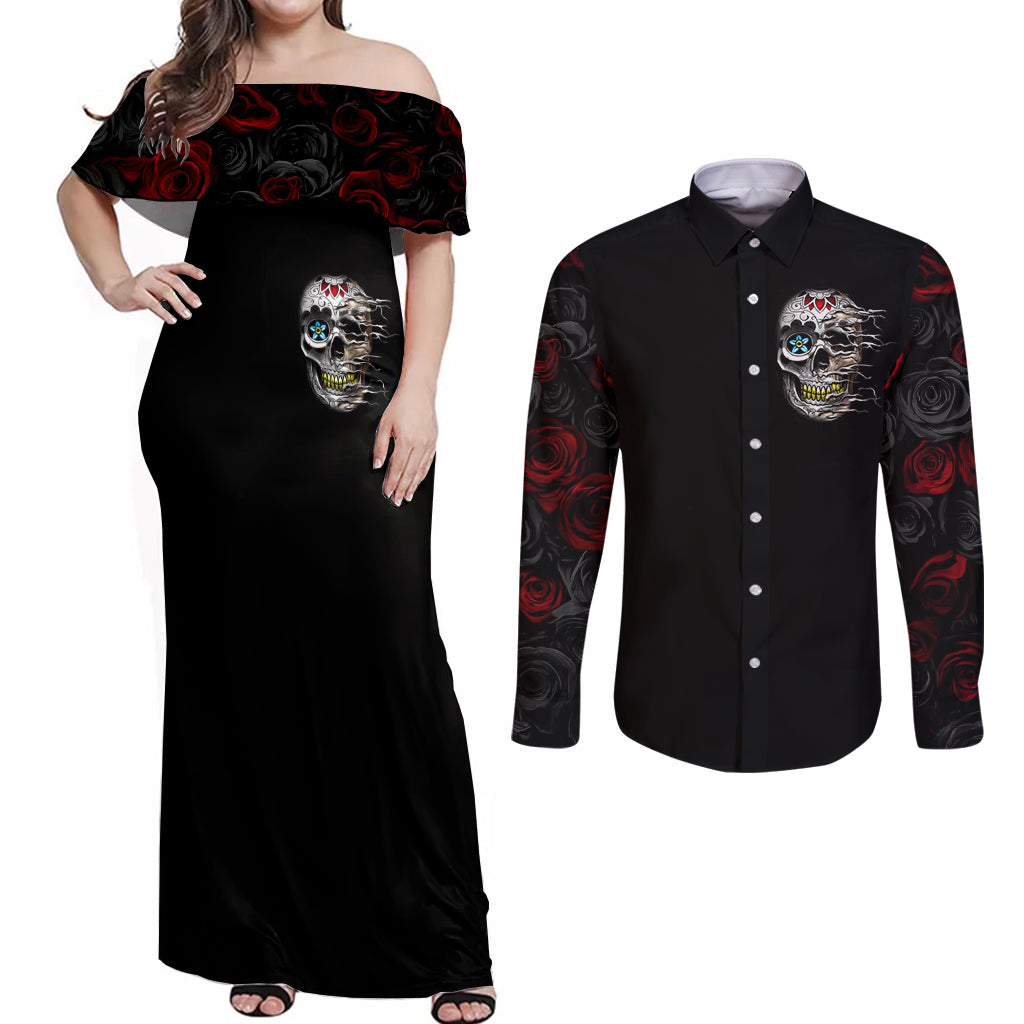Dia De Muertos Couples Matching Off Shoulder Maxi Dress and Long Sleeve Button Shirts Day Of The Death Rose Skull - Wonder Print Shop