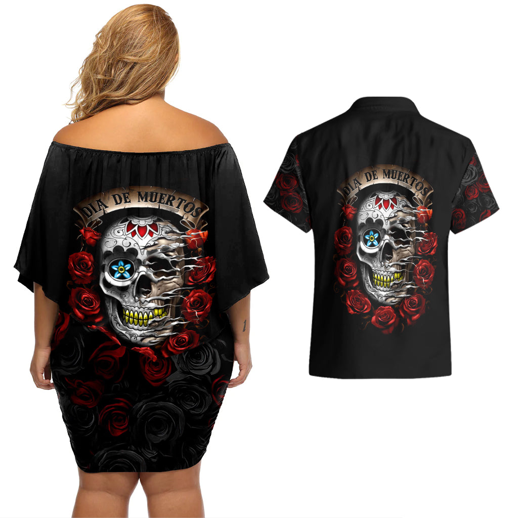 Dia De Muertos Couples Matching Off Shoulder Short Dress and Hawaiian Shirt Day Of The Death Rose Skull - Wonder Print Shop