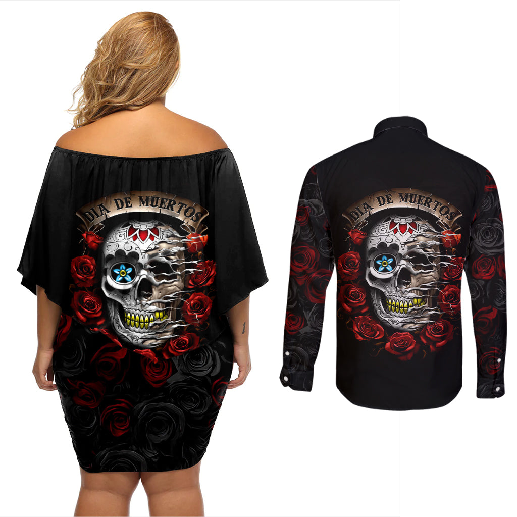 Dia De Muertos Couples Matching Off Shoulder Short Dress and Long Sleeve Button Shirts Day Of The Death Rose Skull - Wonder Print Shop