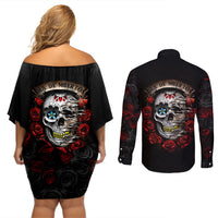 Dia De Muertos Couples Matching Off Shoulder Short Dress and Long Sleeve Button Shirts Day Of The Death Rose Skull - Wonder Print Shop