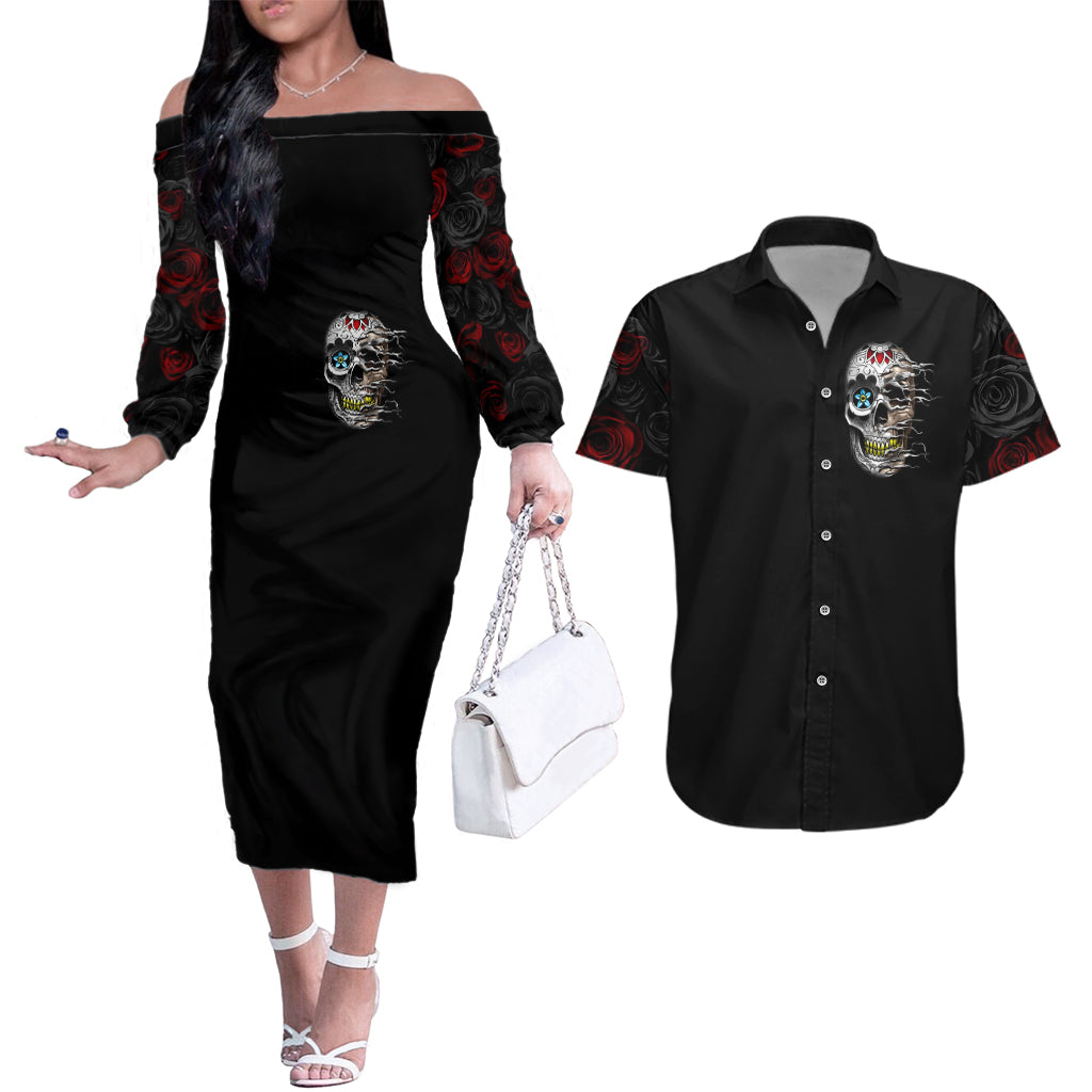 Dia De Muertos Couples Matching Off The Shoulder Long Sleeve Dress and Hawaiian Shirt Day Of The Death Rose Skull - Wonder Print Shop