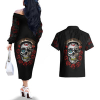 Dia De Muertos Couples Matching Off The Shoulder Long Sleeve Dress and Hawaiian Shirt Day Of The Death Rose Skull - Wonder Print Shop