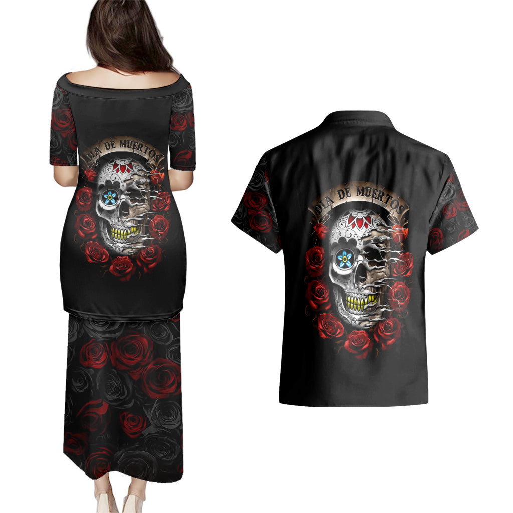 Dia De Muertos Couples Matching Puletasi Dress and Hawaiian Shirt Day Of The Death Rose Skull - Wonder Print Shop