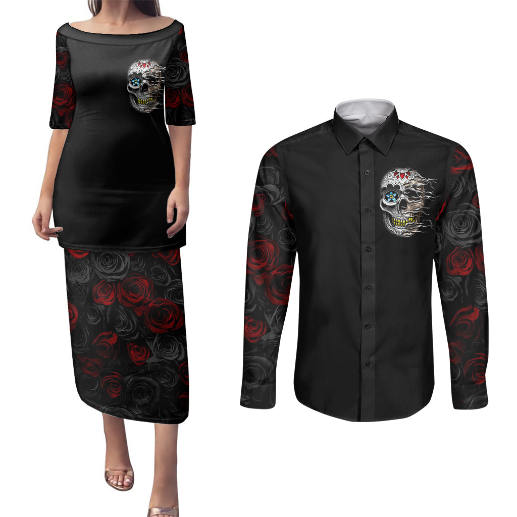 Dia De Muertos Couples Matching Puletasi Dress and Long Sleeve Button Shirts Day Of The Death Rose Skull - Wonder Print Shop