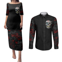 Dia De Muertos Couples Matching Puletasi Dress and Long Sleeve Button Shirts Day Of The Death Rose Skull - Wonder Print Shop