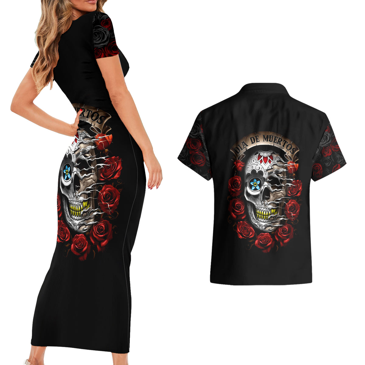 Dia De Muertos Couples Matching Short Sleeve Bodycon Dress and Hawaiian Shirt Day Of The Death Rose Skull - Wonder Print Shop