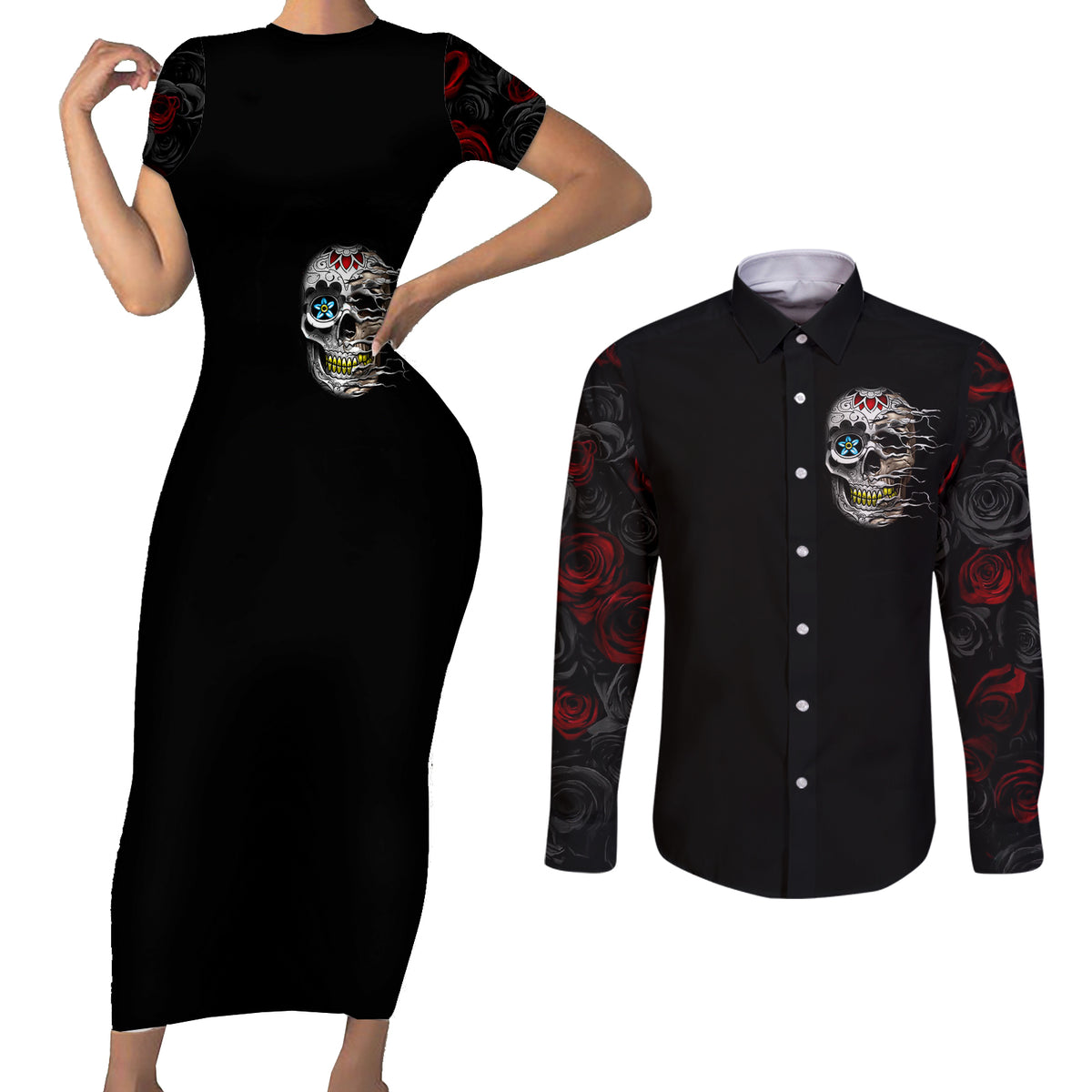Dia De Muertos Couples Matching Short Sleeve Bodycon Dress and Long Sleeve Button Shirts Day Of The Death Rose Skull - Wonder Print Shop