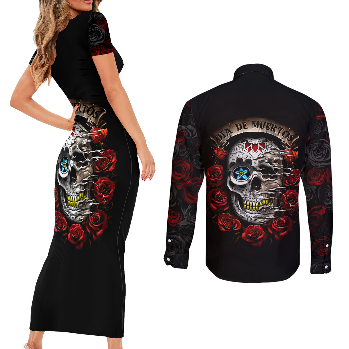 Dia De Muertos Couples Matching Short Sleeve Bodycon Dress and Long Sleeve Button Shirts Day Of The Death Rose Skull - Wonder Print Shop