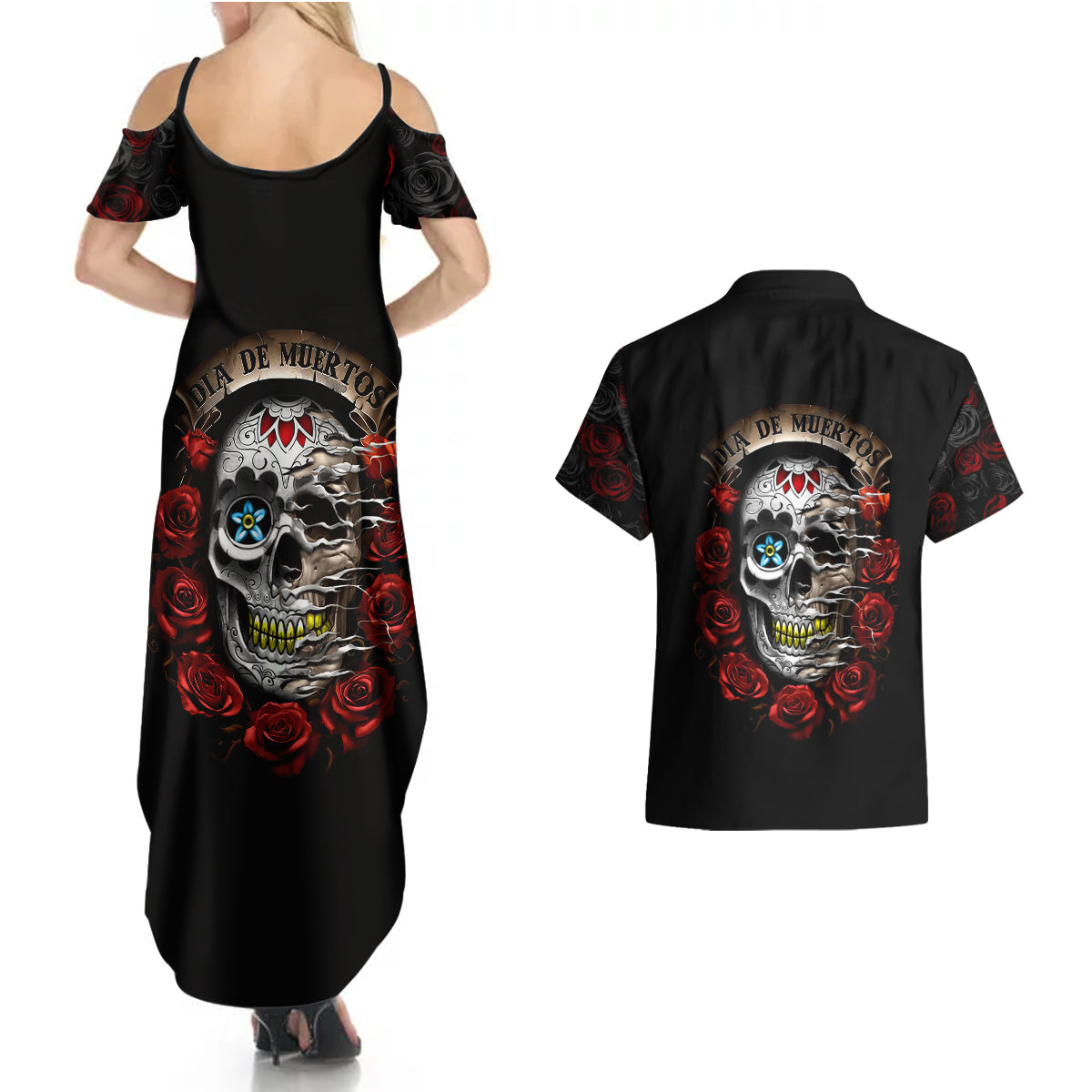 Dia De Muertos Couples Matching Summer Maxi Dress and Hawaiian Shirt Day Of The Death Rose Skull - Wonder Print Shop