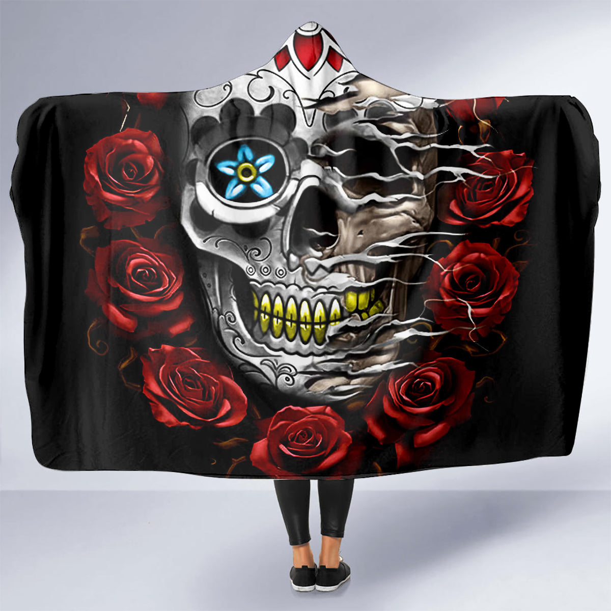 Dia De Muertos Hooded Blanket Day Of The Death Rose Skull DT01