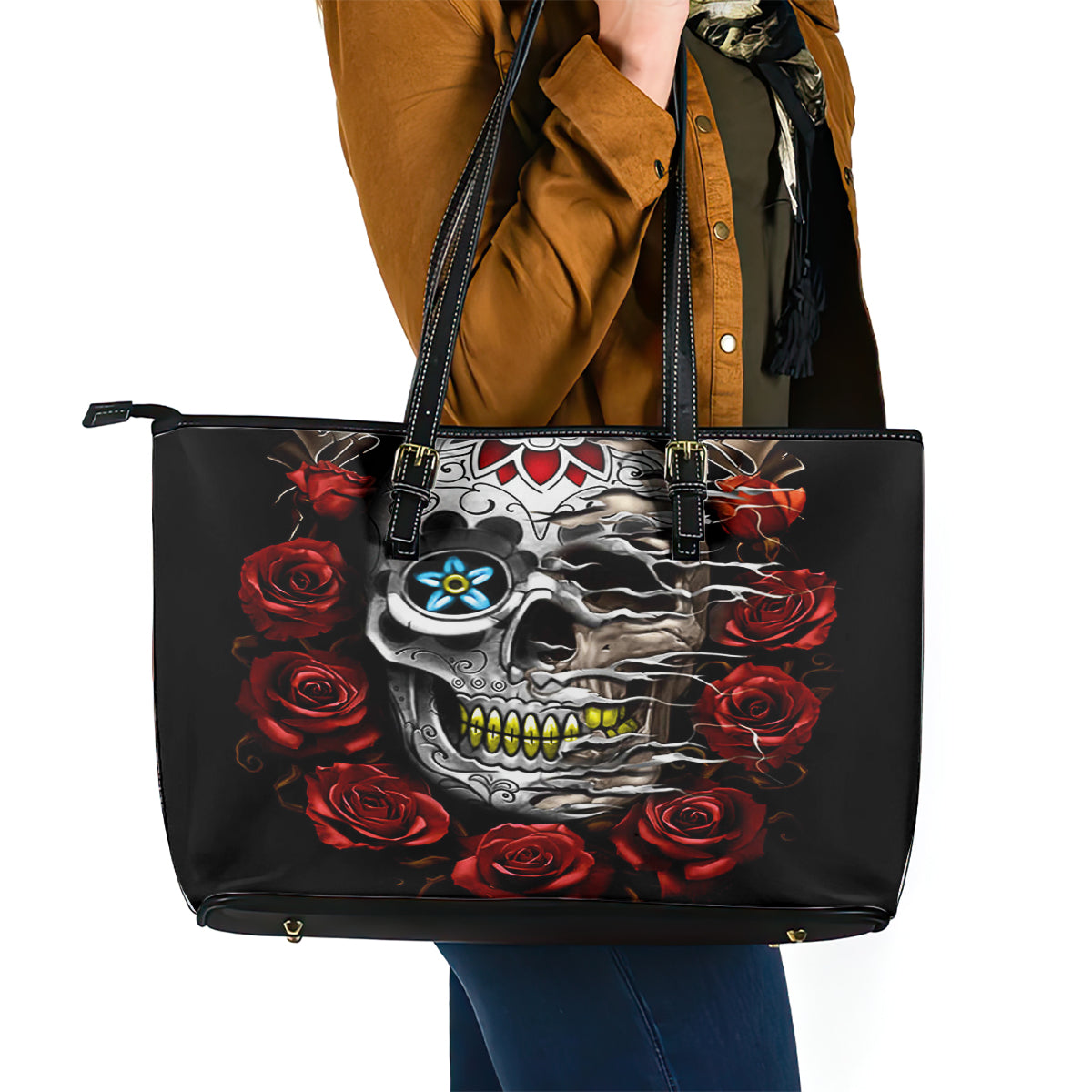 Dia De Muertos Leather Tote Bag Day Of The Death Rose Skull - Wonder Print Shop