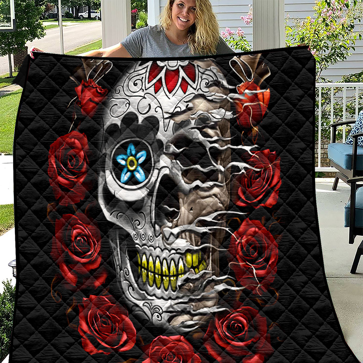 Dia De Muertos Quilt Day Of The Death Rose Skull - Wonder Print Shop