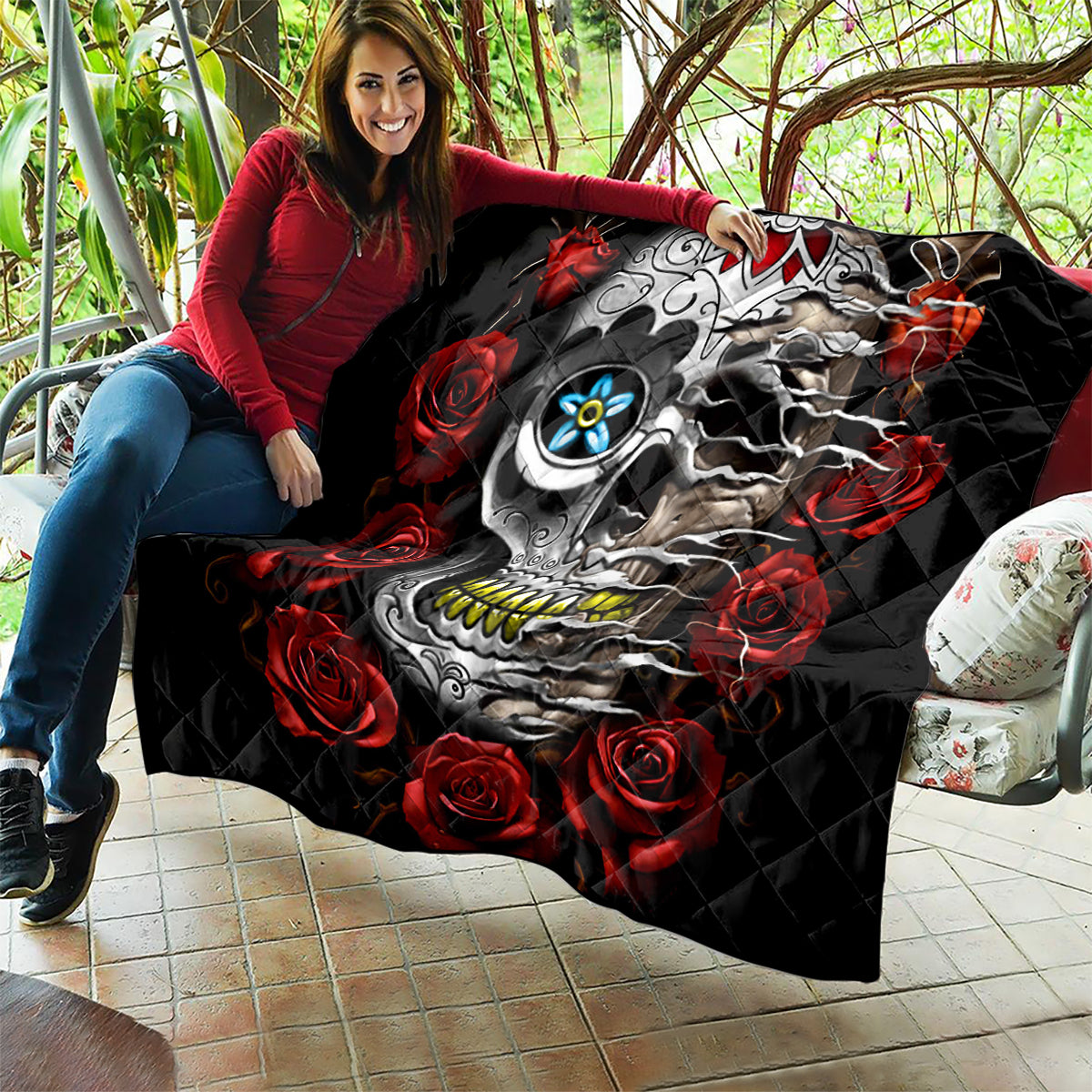 Dia De Muertos Quilt Day Of The Death Rose Skull - Wonder Print Shop