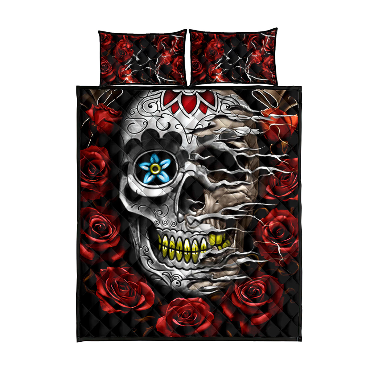 Dia De Muertos Quilt Bed Set Day Of The Death Rose Skull - Wonder Print Shop