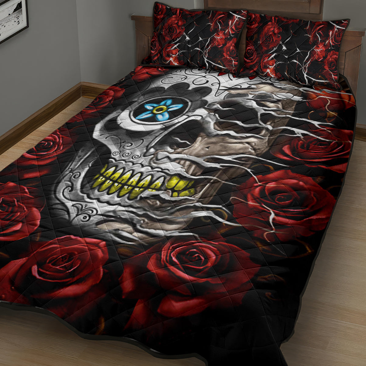 Dia De Muertos Quilt Bed Set Day Of The Death Rose Skull - Wonder Print Shop