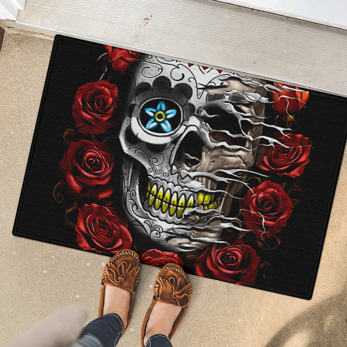 Dia De Muertos Rubber Doormat Day Of The Death Rose Skull - Wonder Print Shop