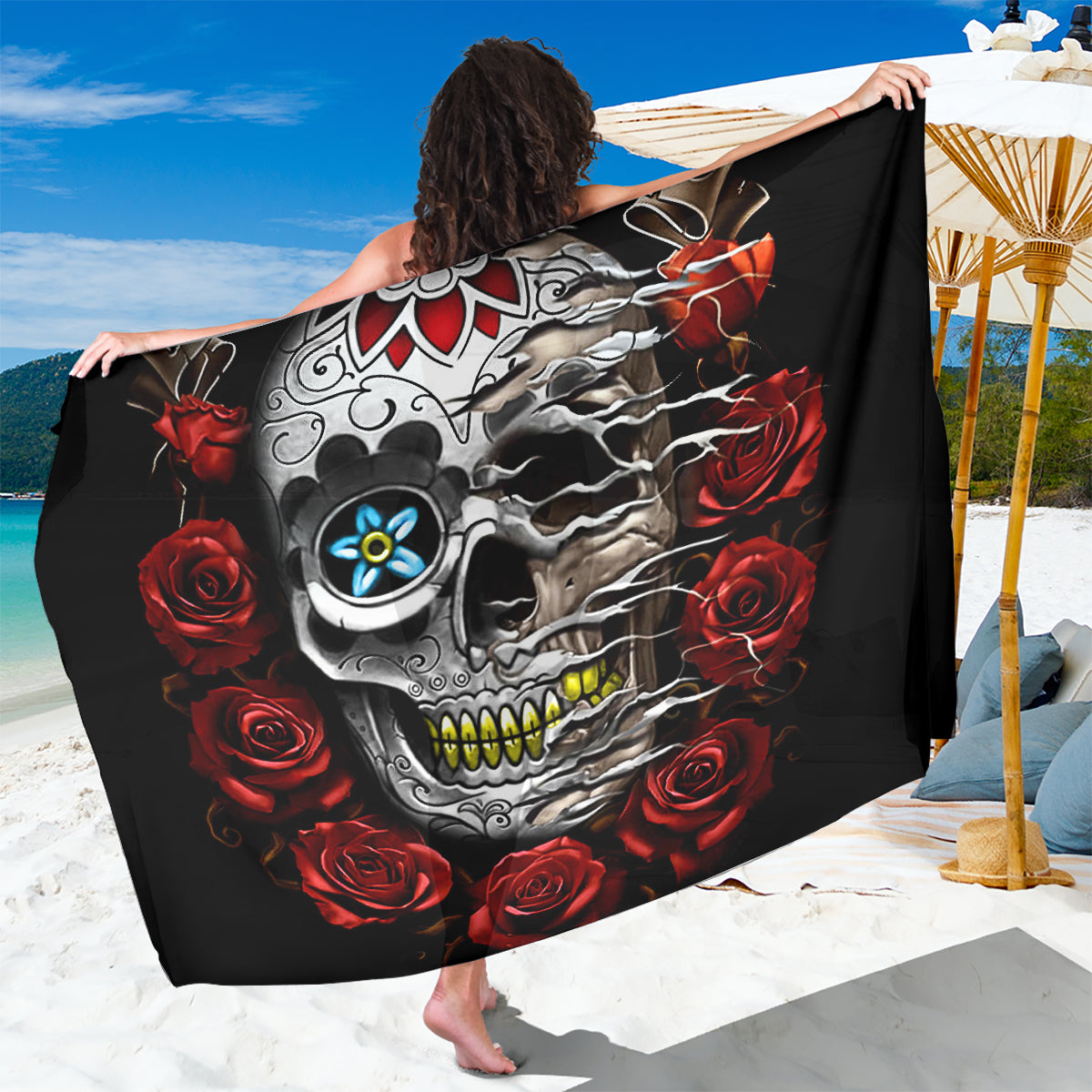 Dia De Muertos Sarong Day Of The Death Rose Skull - Wonder Print Shop