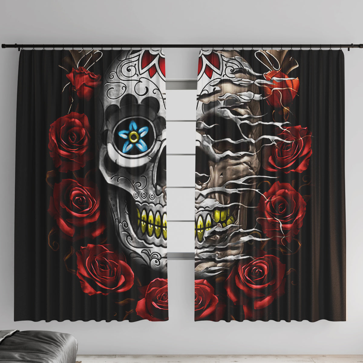 Dia De Muertos Window Curtain Day Of The Death Rose Skull - Wonder Print Shop