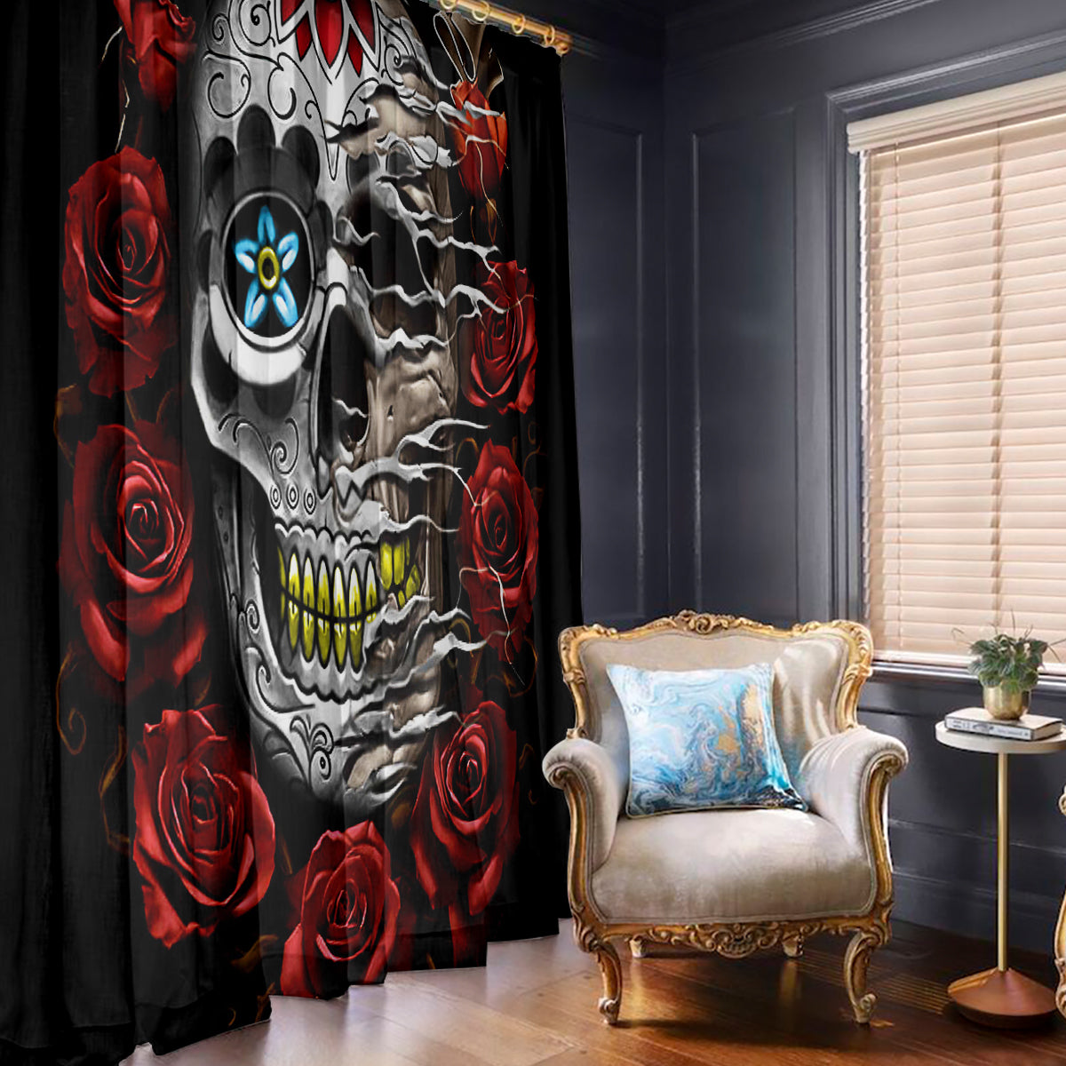 Dia De Muertos Window Curtain Day Of The Death Rose Skull - Wonder Print Shop