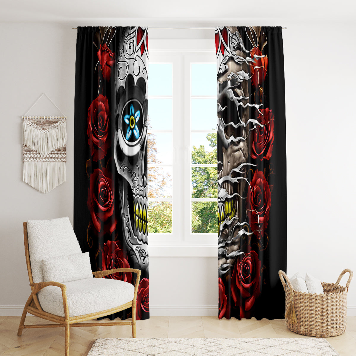 Dia De Muertos Window Curtain Day Of The Death Rose Skull - Wonder Print Shop
