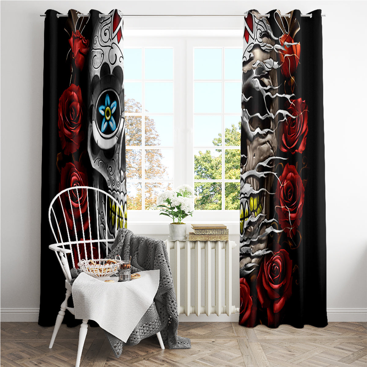 Dia De Muertos Window Curtain Day Of The Death Rose Skull - Wonder Print Shop