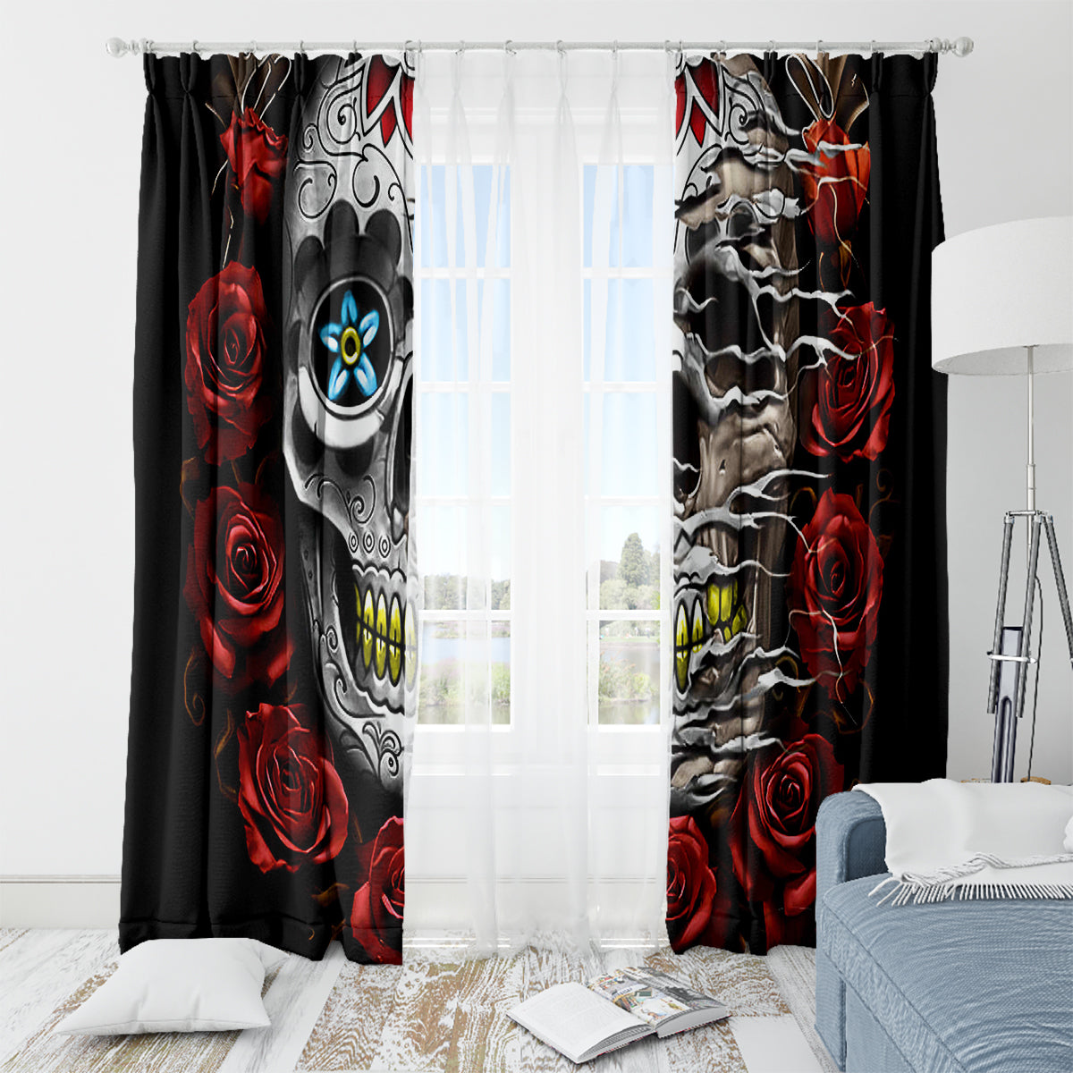 Dia De Muertos Window Curtain Day Of The Death Rose Skull - Wonder Print Shop