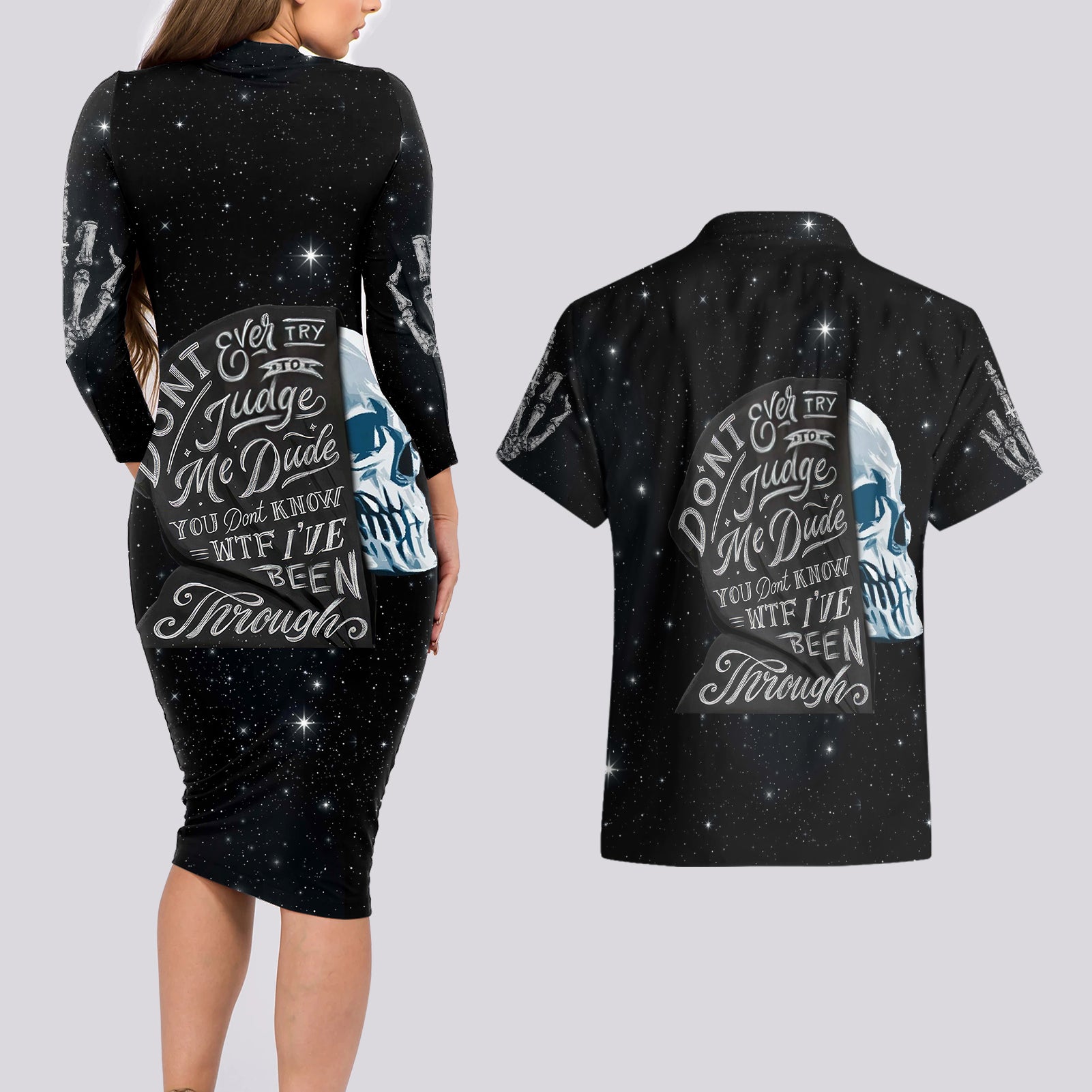 Sad Skull Couples Matching Long Sleeve Bodycon Dress and Hawaiian Shirt Don't Ever Try To Judge Me Dude - Wonder Print Shop