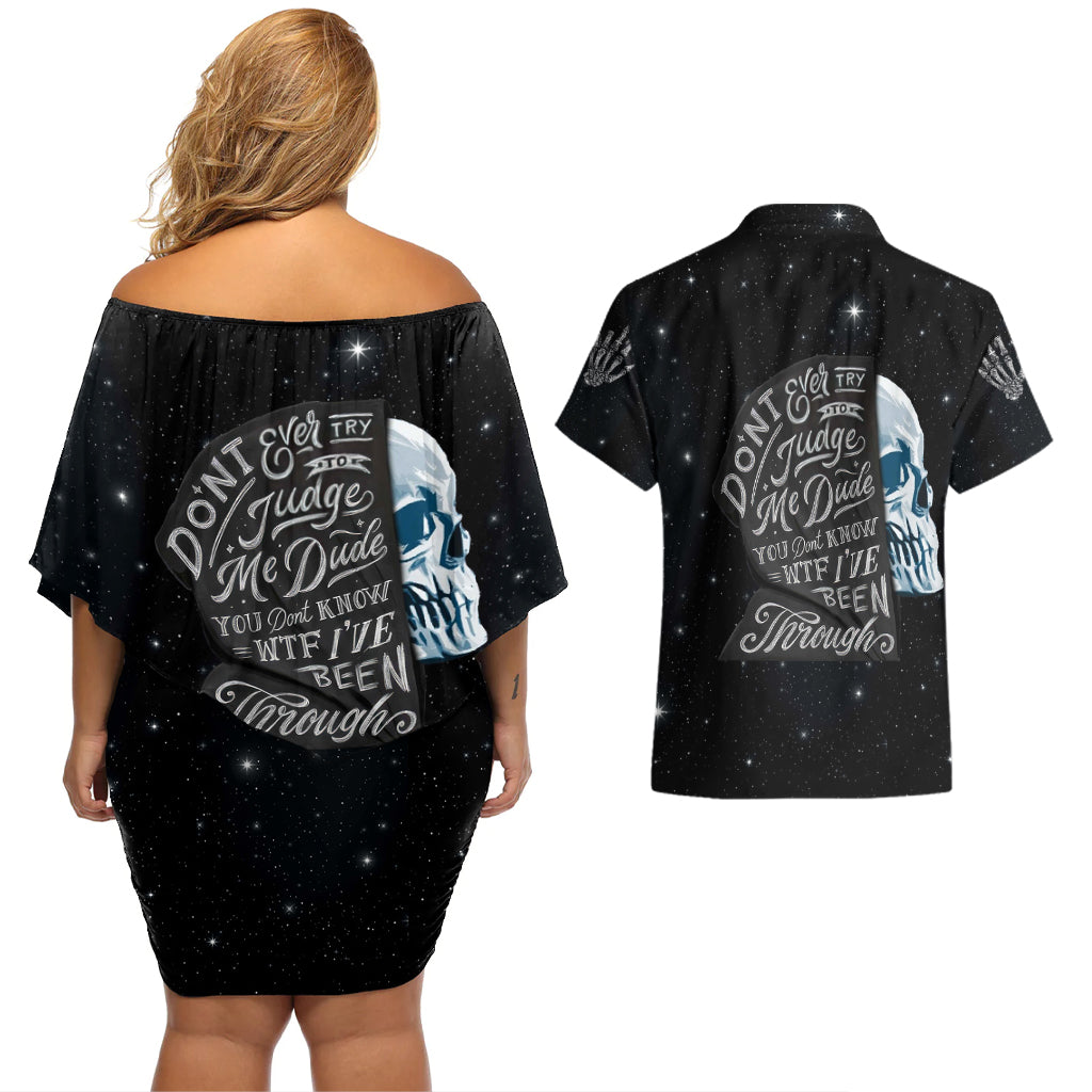 Sad Skull Couples Matching Off Shoulder Short Dress and Hawaiian Shirt Don't Ever Try To Judge Me Dude - Wonder Print Shop