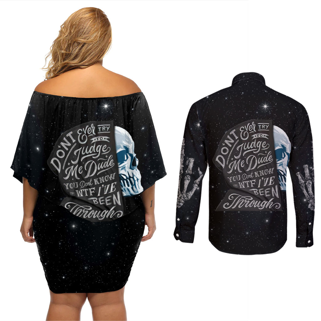 Sad Skull Couples Matching Off Shoulder Short Dress and Long Sleeve Button Shirts Don't Ever Try To Judge Me Dude - Wonder Print Shop