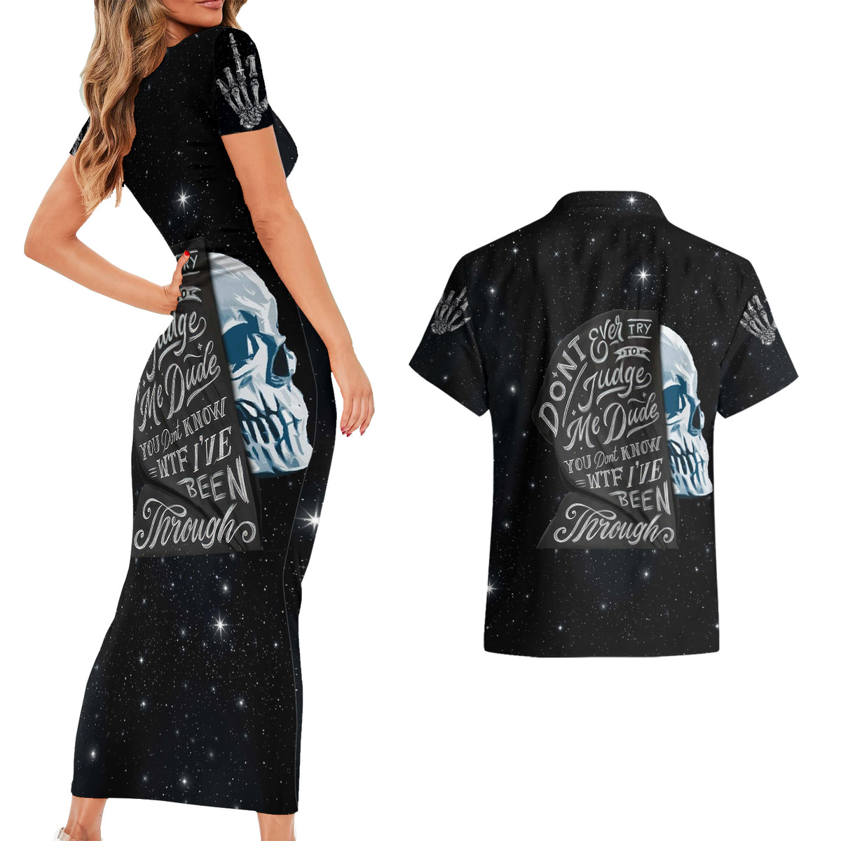 Sad Skull Couples Matching Short Sleeve Bodycon Dress and Hawaiian Shirt Don't Ever Try To Judge Me Dude - Wonder Print Shop