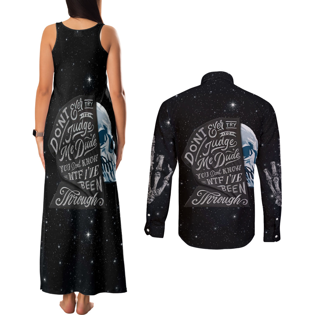 Sad Skull Couples Matching Tank Maxi Dress and Long Sleeve Button Shirts Don't Ever Try To Judge Me Dude - Wonder Print Shop