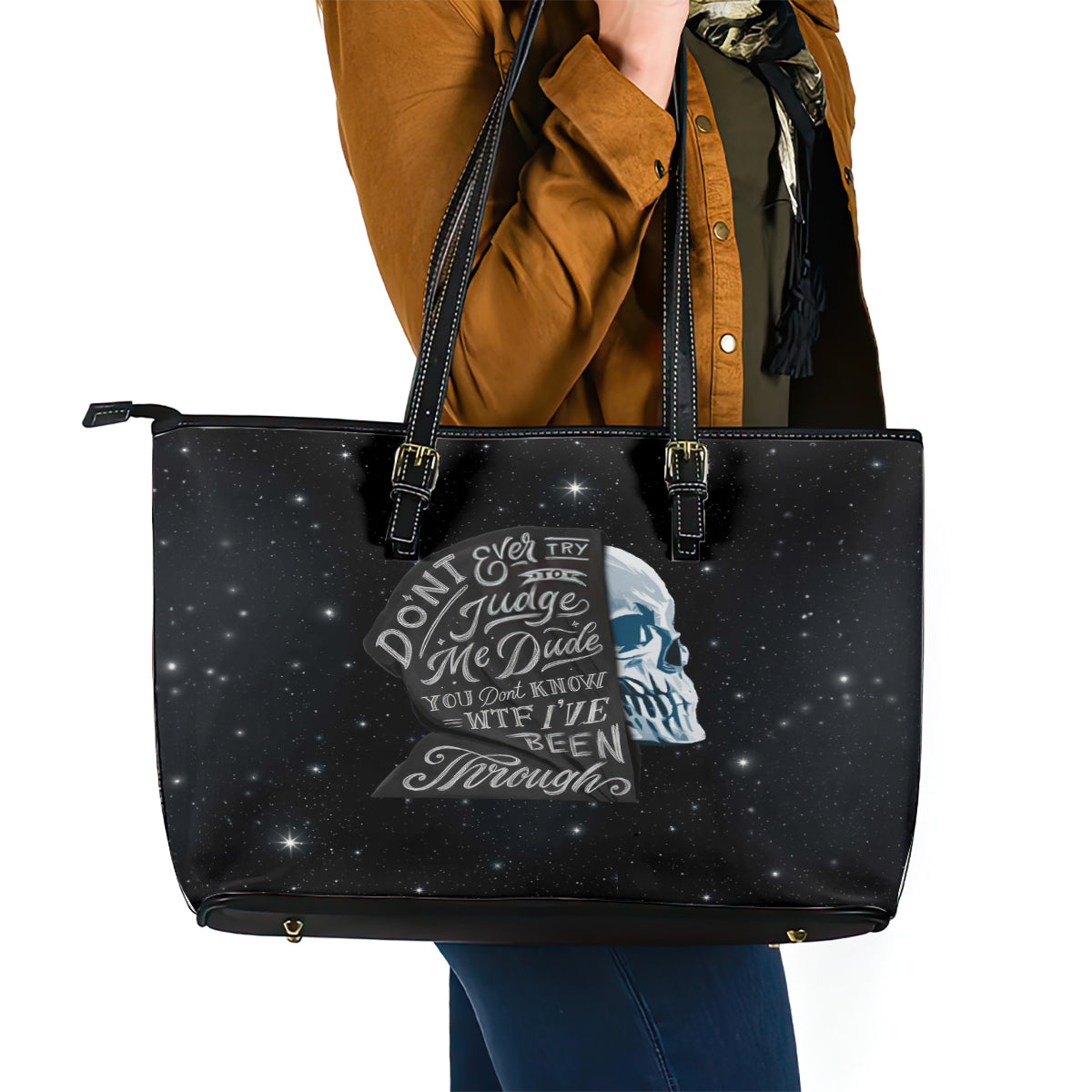 Sad Skull Leather Tote Bag Don't Ever Try To Judge Me Dude - Wonder Print Shop