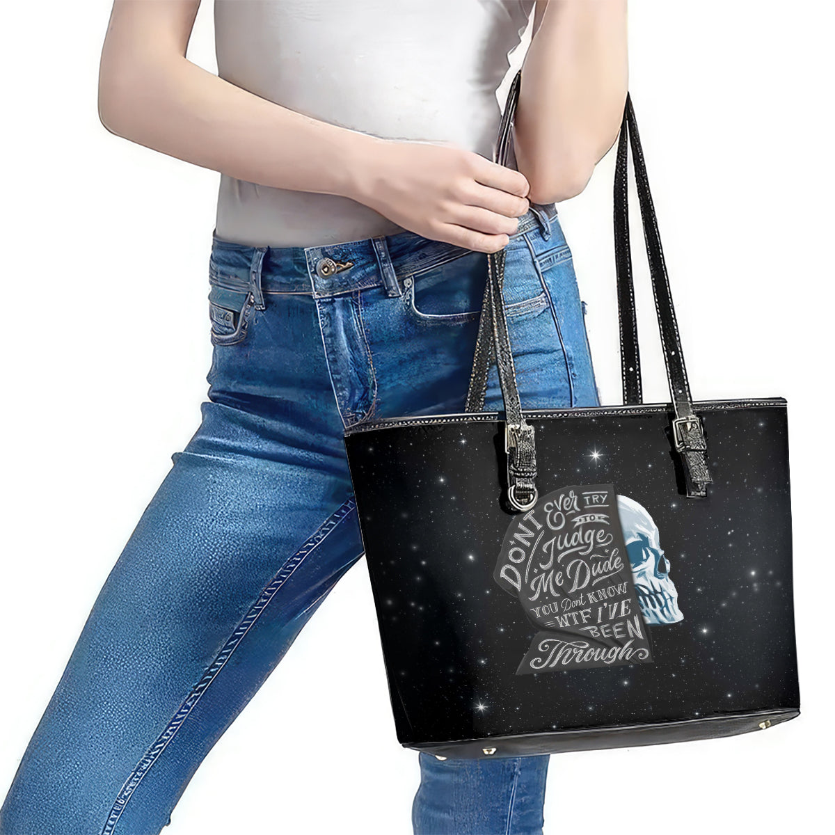 Sad Skull Leather Tote Bag Don't Ever Try To Judge Me Dude - Wonder Print Shop