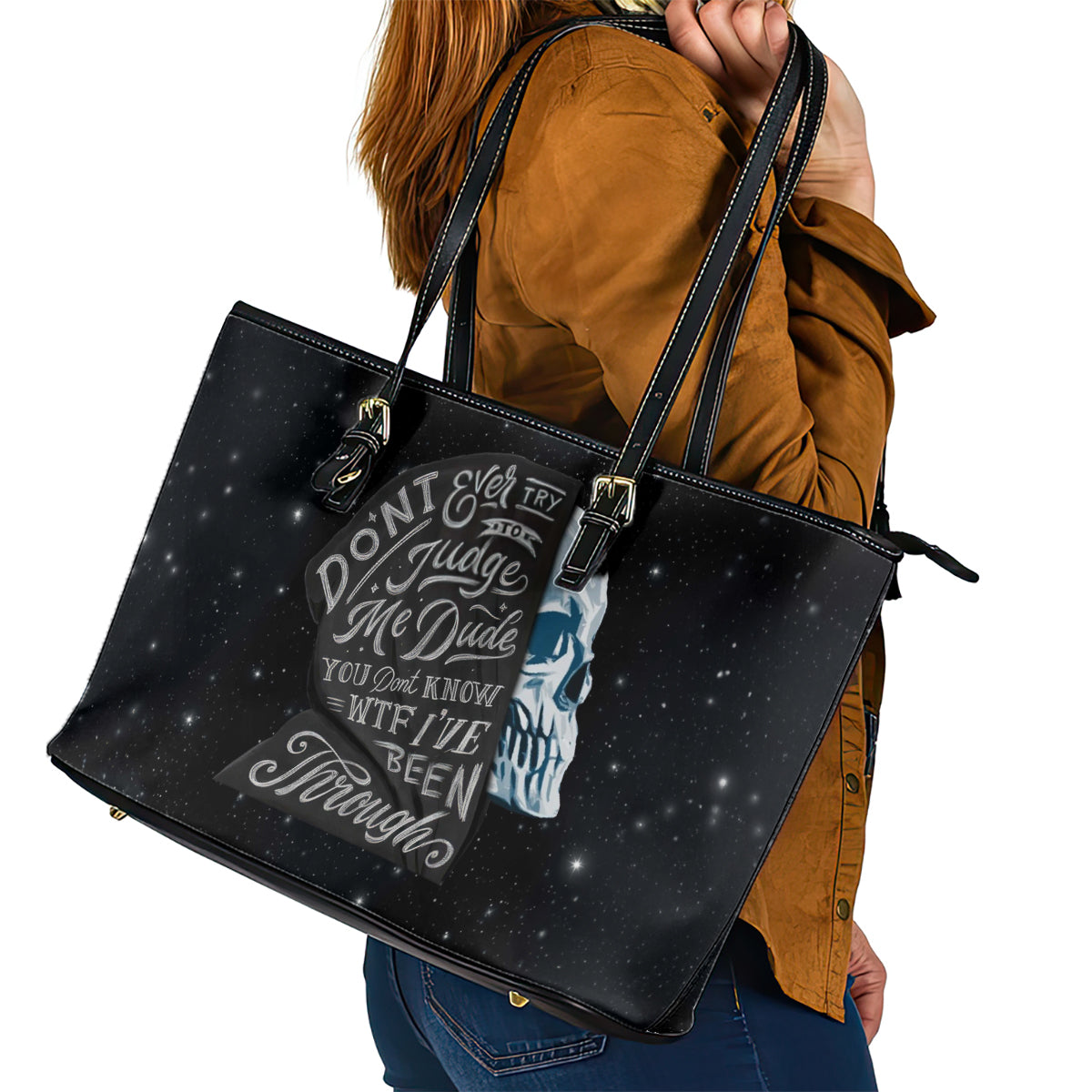 Sad Skull Leather Tote Bag Don't Ever Try To Judge Me Dude - Wonder Print Shop